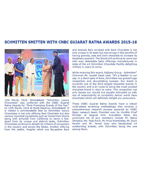 SCHMITTEN SMITTEN WITH CNBC GUJARAT RATNA AWARDS 2015-16